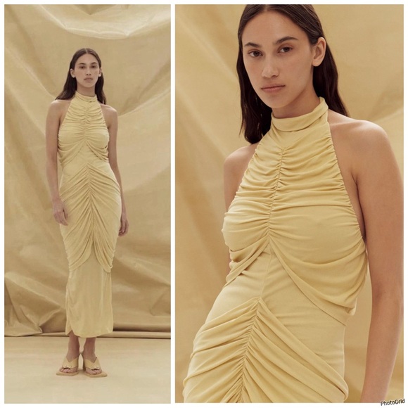 Paris Georgia Roxie Gathered Draped Halter Knit Maxi Dress Gown Butter Yellow M - Picture 2 of 16